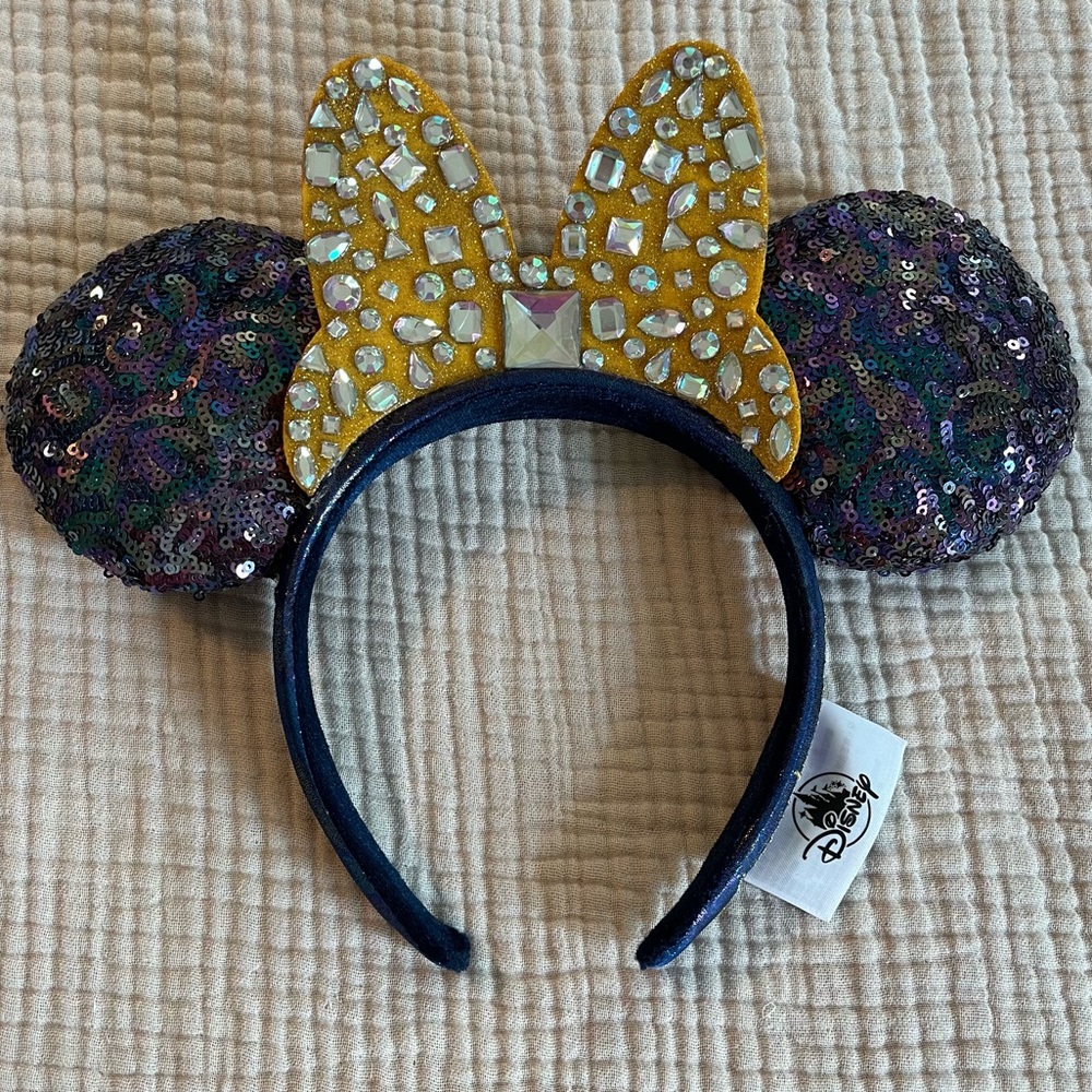 Disney Sequin Minnie Ears Headband with Yellow Jeweled Bow